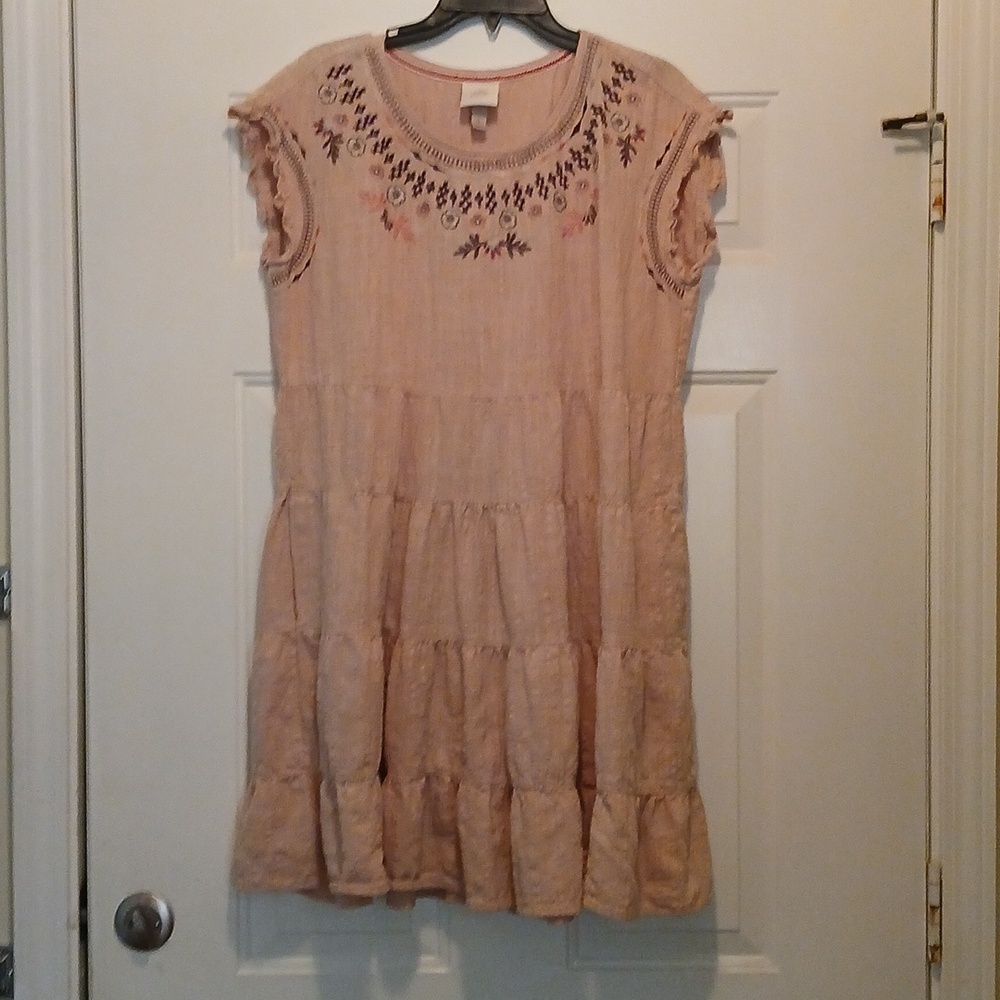 Peach Embroidered Tiered,Ruffled,Dress